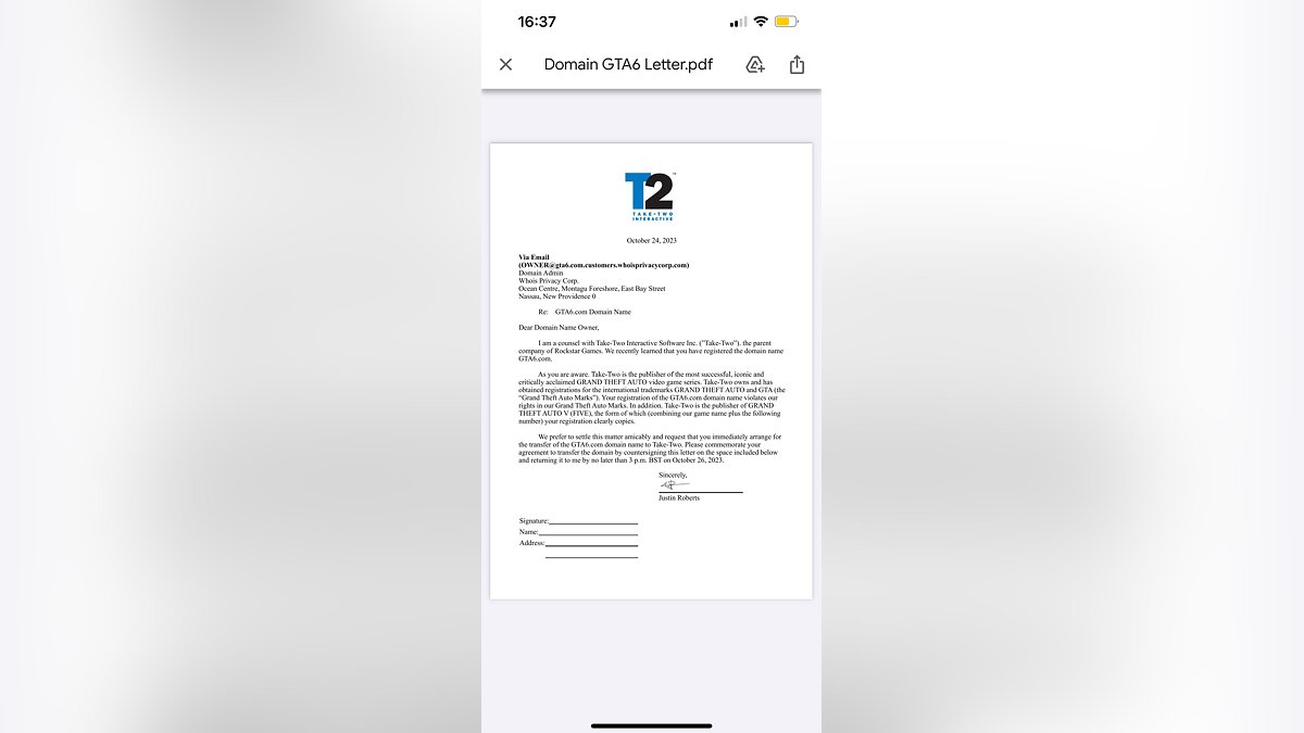 Слух: Take-Two потребовала передать права на домен GTA6.com до 26 октября