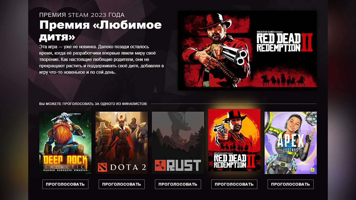 Red Dead Redemption 2 номинировали на Премию Steam. Началось голосование