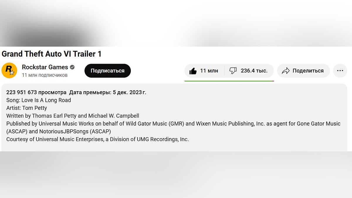 Трейлеру GTA 6 исполнился ровно год - за это время он собрал 223 млн просмотров и 11 млн лайков